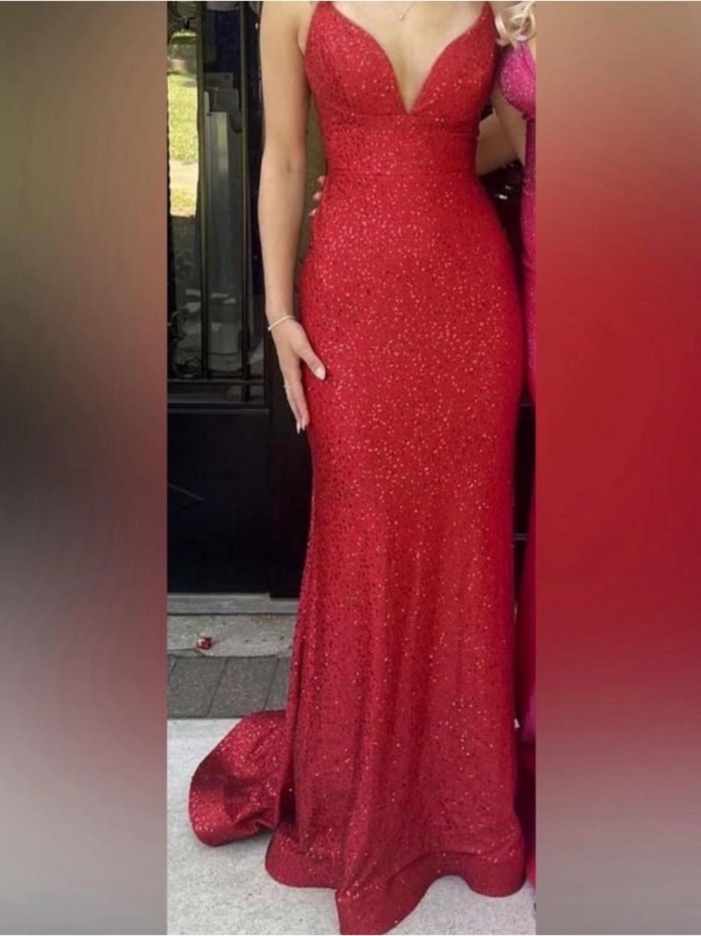 Cinderella Red Sequin Prom Gown with Plunging V-Neck